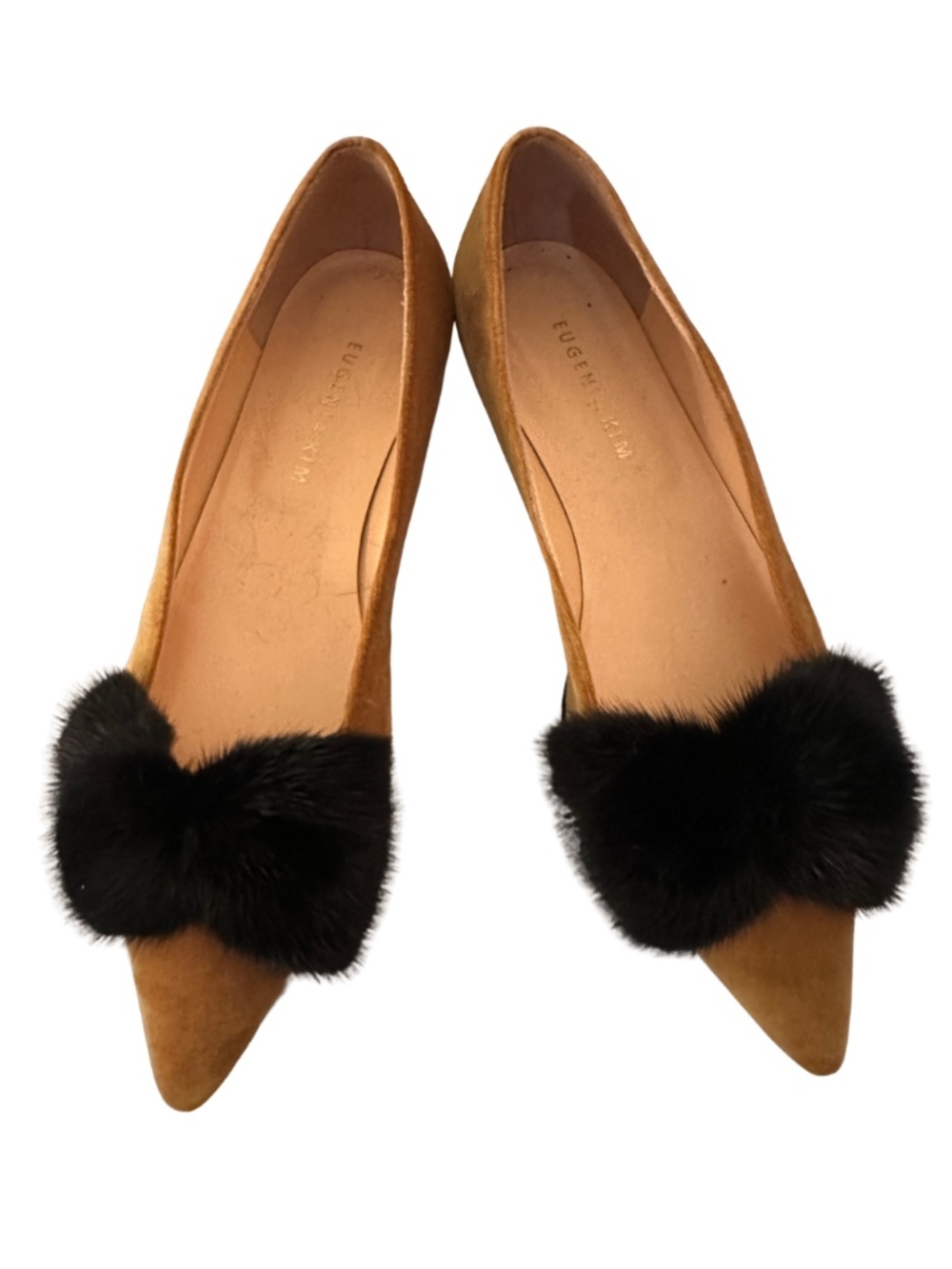 Eugenia Kim Tan Suede Black Mink Fur Bow Pointed Toe Flats - Women's 39